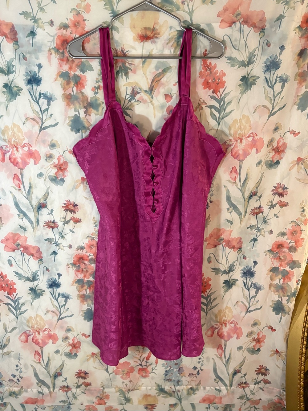 Vintage Fuchsia Satin Slip Dress with Lace Trim